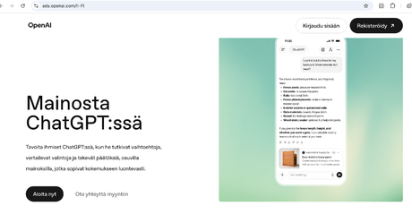 OpenAI Ads Managerin suomenkielinen etusivu osoitteessa ads.openai.com